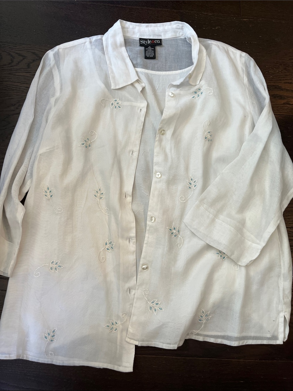 Style & Co. White Linen Button-Front Shirt with Light Blue Embroidery